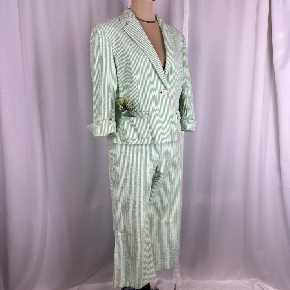 Elie Tahari Suit Set Womens 12 ? Green White Seersucker Blazer Pants Career READ